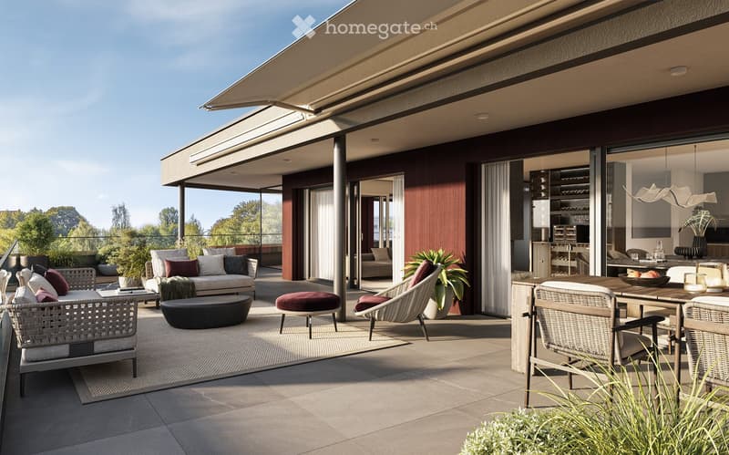 A modern outdoor patio with a sofa, chairs, a coffee table, and a dining table, surrounded by potted plants and a view of greenery.