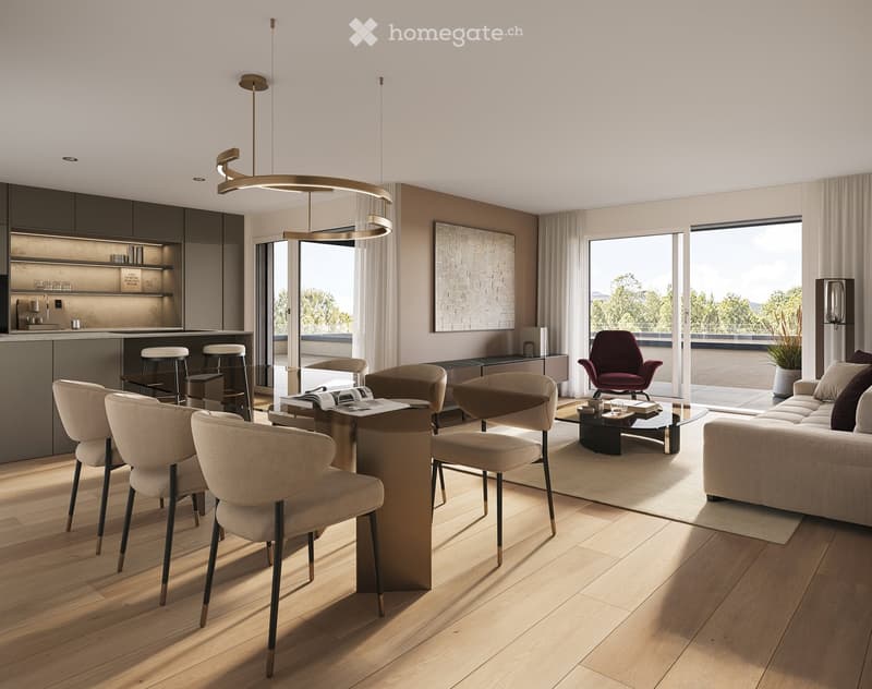 Modern living and dining area with a view, featuring a sofa, coffee table, chairs, stools, a dining table, pendant lights, and a kitchen counter.