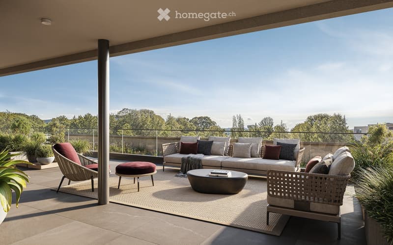 Modern outdoor terrace with a panoramic view, featuring a sofa, coffee table, chairs, ottoman, and a rug.