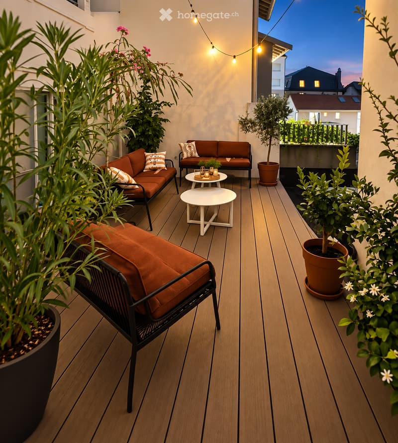 A wooden deck terrace with a cozy seating area, including a sofa, chair, small tables, and potted plants, illuminated by string lights.