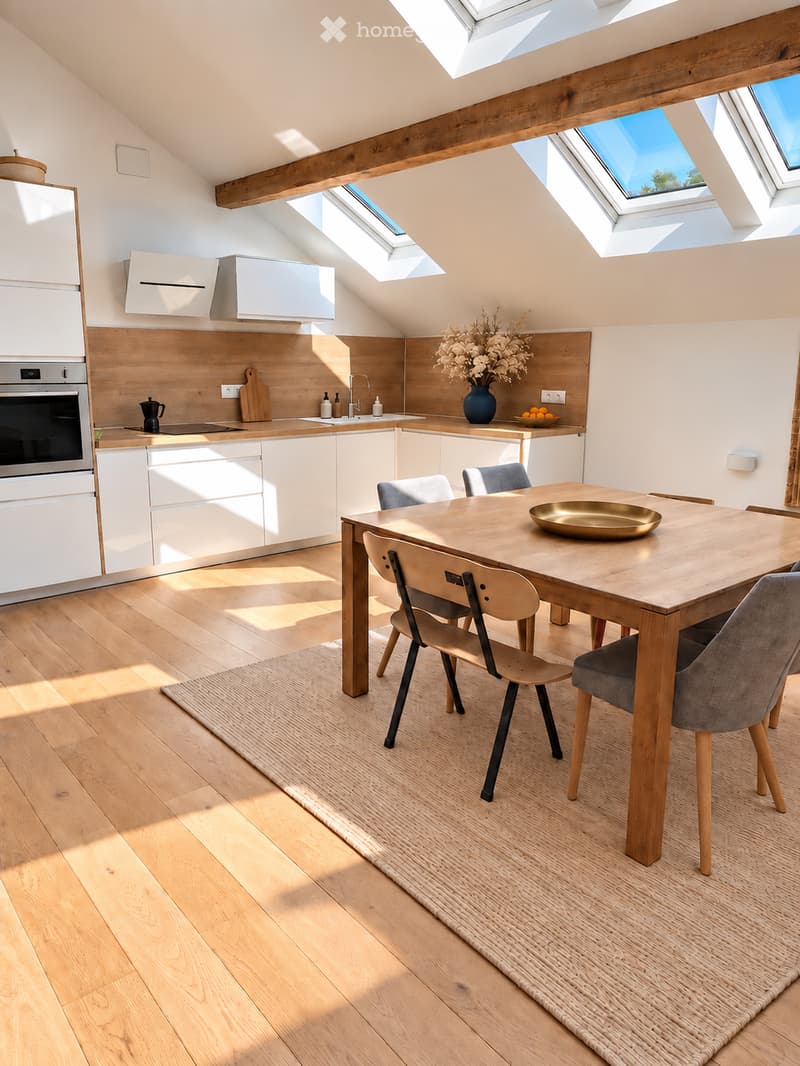 Bright, modern kitchen with white cabinets, wooden countertops, and skylight windows. Includes a dining table with chairs, a vase with flowers, and a bowl of fruit on the counter.