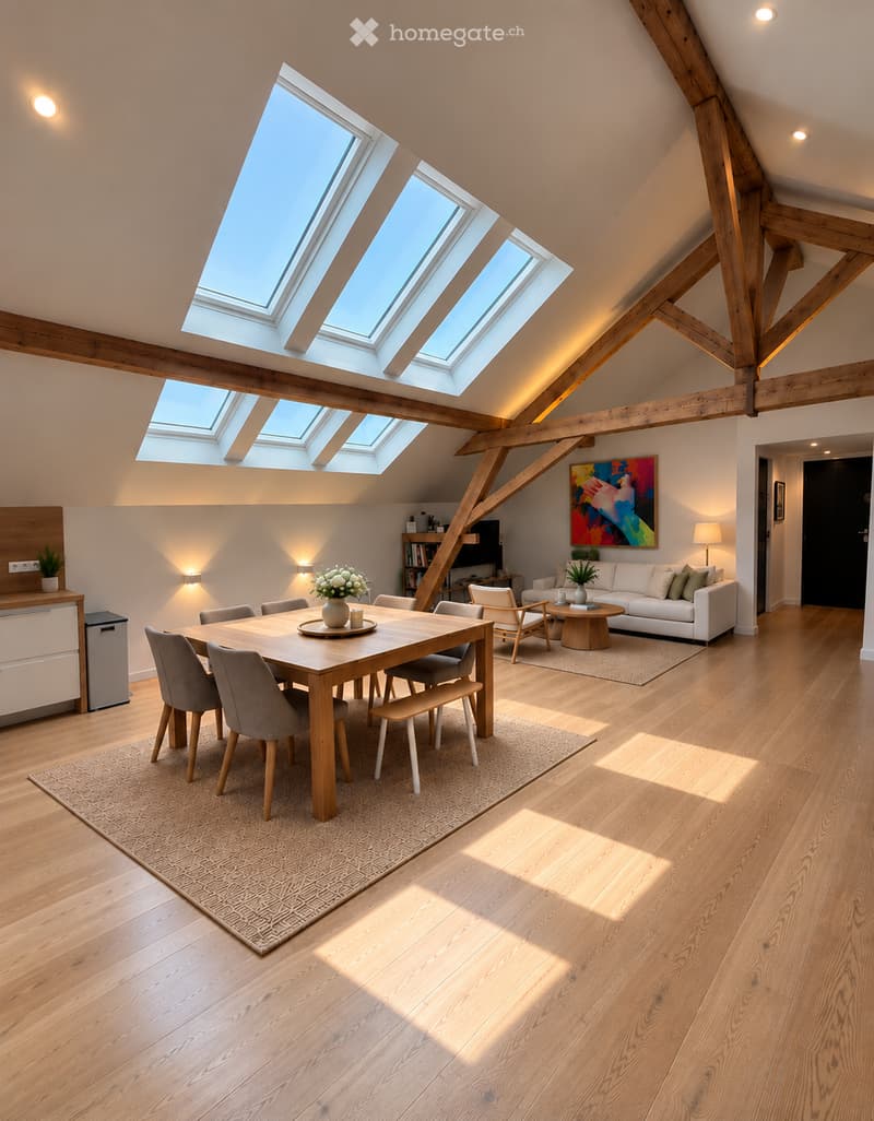 Bright, airy living and dining area with wooden floors, skylights, and modern furniture including a sofa, dining table, and chairs.