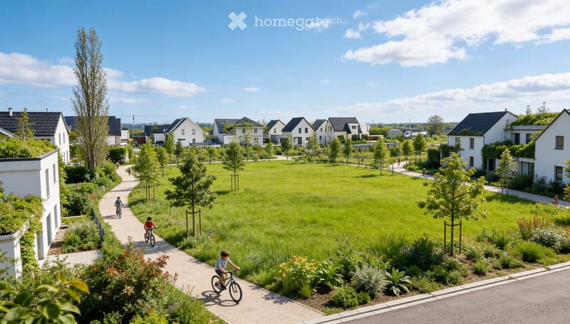 Residential neighborhood with modern houses, green lawns, trees, and children riding bicycles on a paved path.