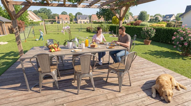 A family is enjoying a meal on a wooden deck in a well-maintained garden, with a dog resting nearby. The background shows a suburban neighborhood with houses, lawns, and trees.
