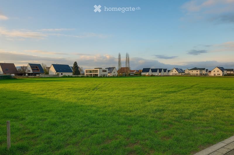 A wide, open green field with several modern houses in the background under a partly cloudy sky.