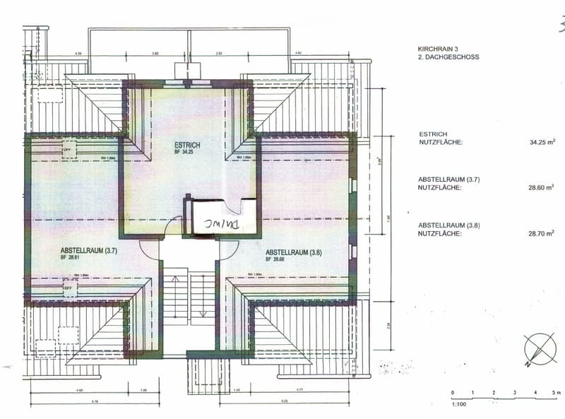 Floor plan of a roof level showing an attic space (Estrich) and three storage rooms (Abstellraum) with dimensions and floor areas indicated.