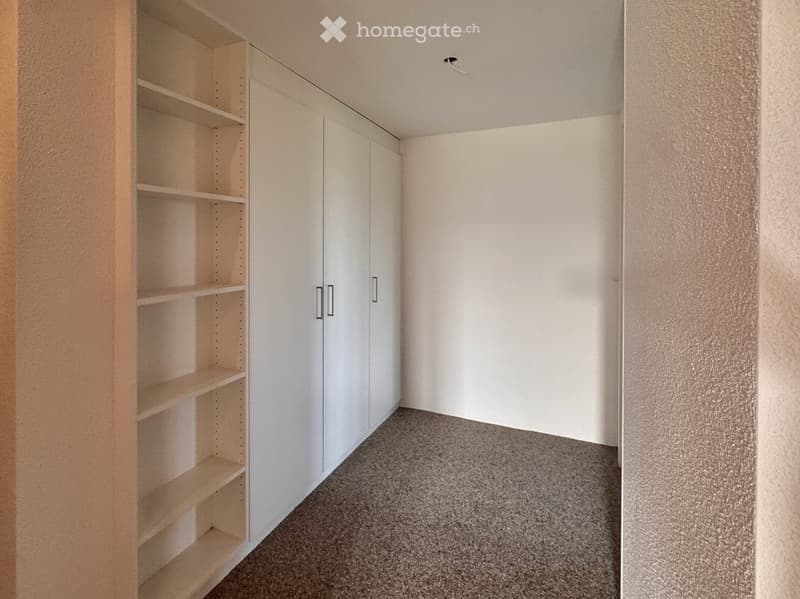 Empty room with white walls, carpeted floor, built-in shelving unit, and closed white cabinet.