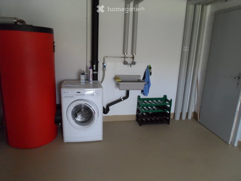 Utility room with a washing machine, sink, and various bottles and containers on top of the washing machine.