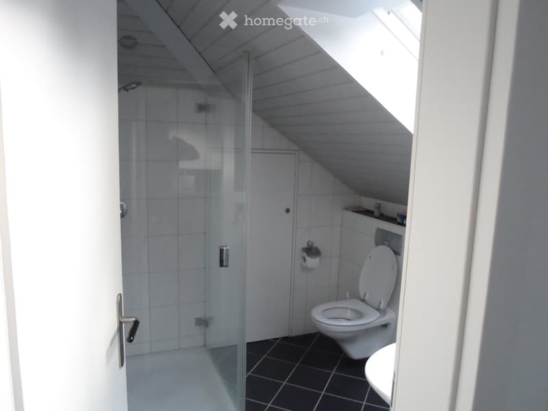 Modern bathroom with a glass-enclosed shower, toilet, and sink. The room features white tiled walls and a black tiled floor, with a slanted ceiling typical of an attic space.