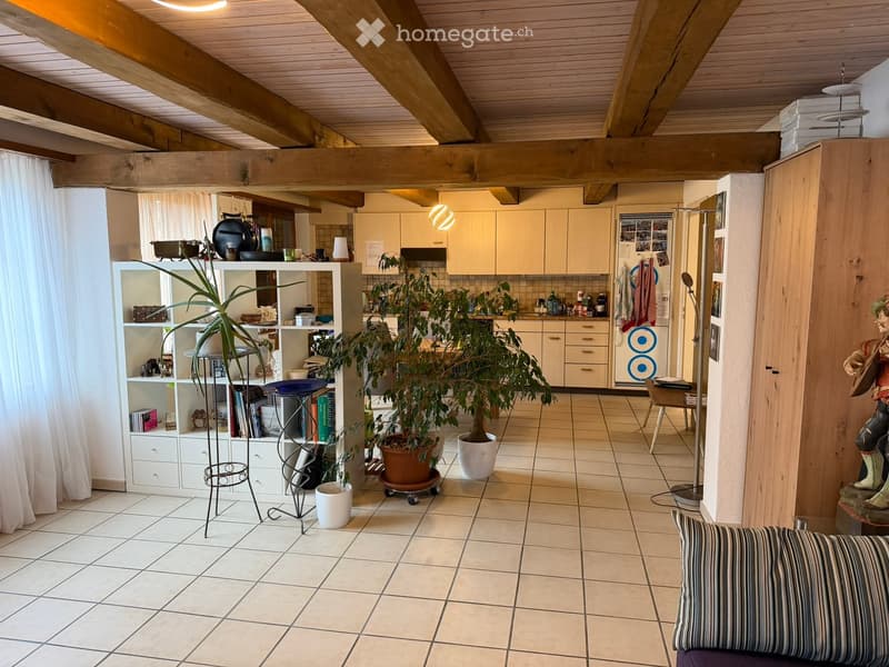 Bright, open living space with exposed wooden beams, tiled floor, and large windows. Features a sofa, bookshelf, potted plants, kitchen area with cabinets and appliances, and a floor lamp.