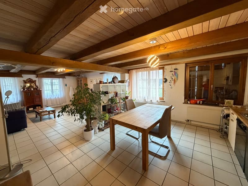 Bright living and dining area with exposed wooden beams, large windows, tiled floor, sofa, coffee table, dining table with chairs, cabinet, and plants.