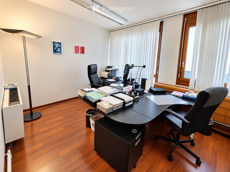 Office space with wooden flooring, large desk, office chair, computer setup, printer, and various office supplies.