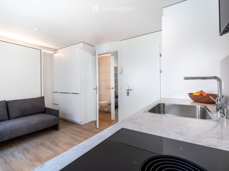 Modern kitchen and living area with a grey sofa, stainless steel sink, wooden bowl with fruit, and a black electric stove. The kitchen features white cabinets and a marble countertop.