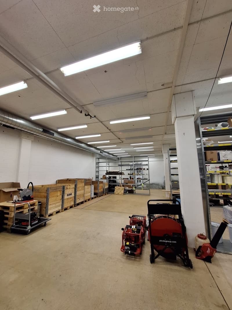 Empty warehouse space with concrete floors, white walls, exposed pipes, and fluorescent lighting. Contains storage shelves, wooden pallets, and various equipment.