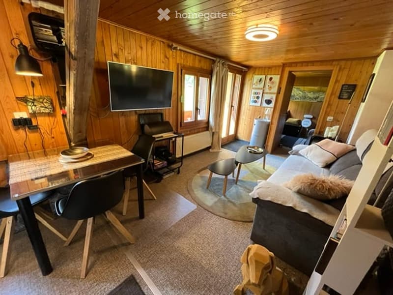 Cozy living room with wooden walls, a sofa, coffee table, TV, and a small dining area with a table and chairs.