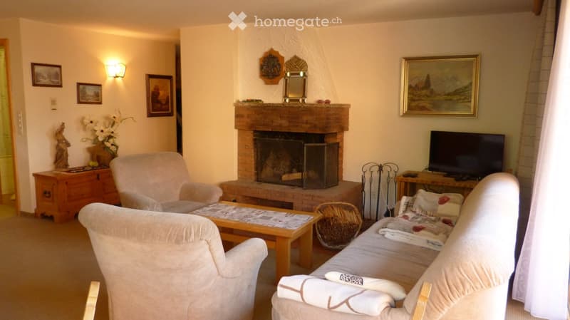 Cozy living room with a fireplace, sofa, armchair, coffee table, and television. Decor includes framed pictures and a vase with flowers.