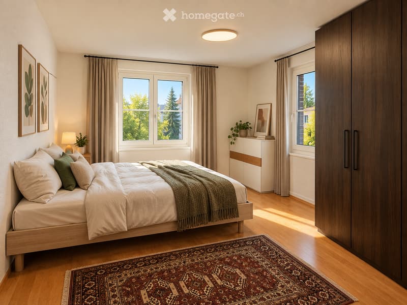 Modern bedroom with a wooden bed, nightstand, lamp, potted plant, large wardrobe, mirror, and artwork on the walls. The room features large windows with curtains and a patterned rug on the floor.