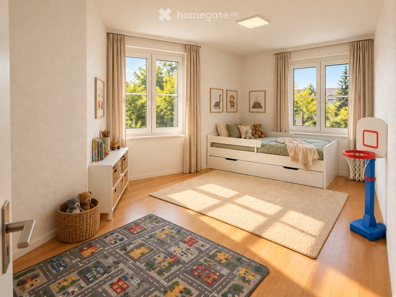 Bright, child-friendly bedroom with a lofted twin-sized bed, a wicker basket with stuffed animals, a bookshelf, a toy car, a cityscape rug, and a small basketball hoop.