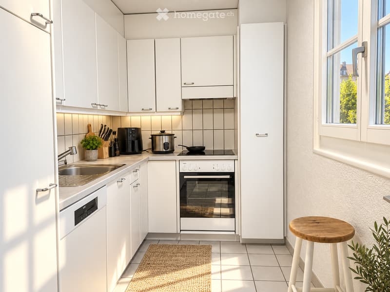 Modern kitchen with white cabinets, stainless steel appliances, and a small wooden stool near the window.