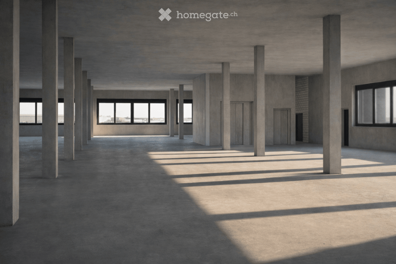 An empty, unfurnished room with concrete floors and walls, large windows, and several concrete pillars. No furniture or equipment is present.