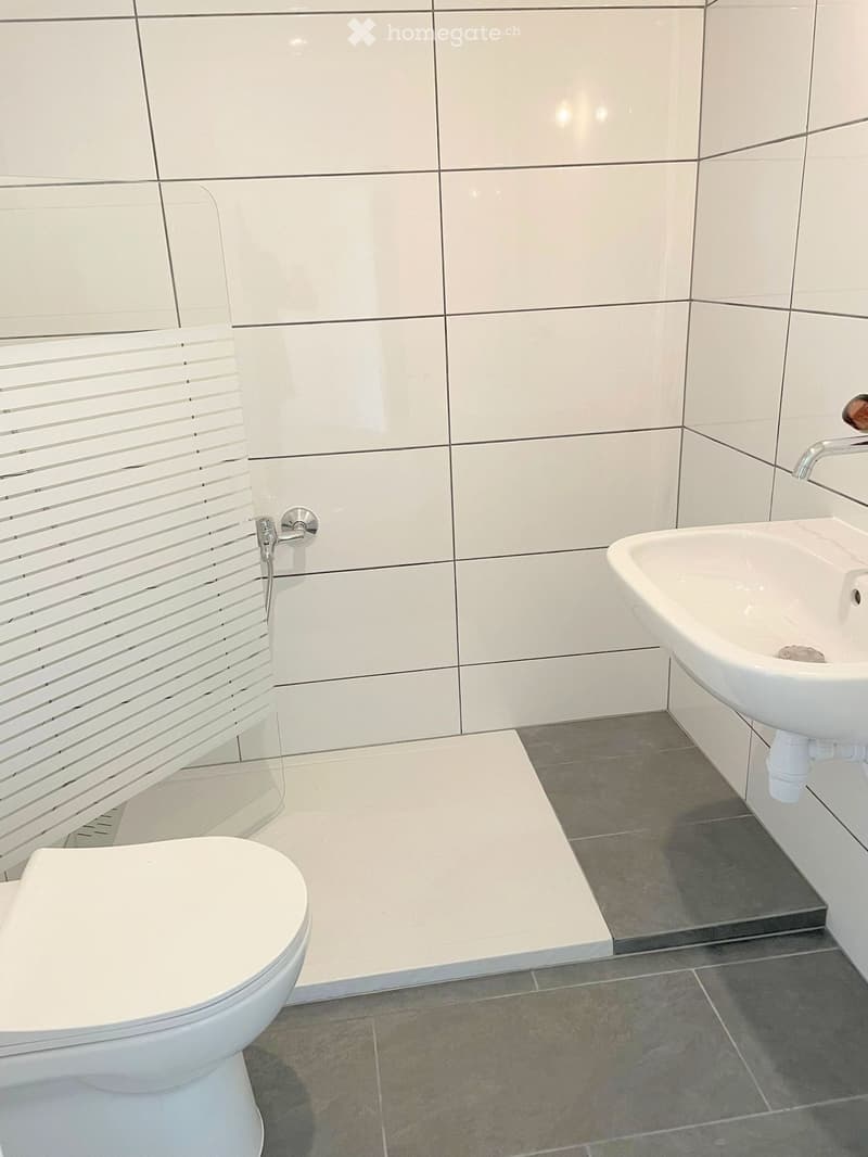 Modern bathroom with white tiles, a toilet, a sink, and a chrome faucet.
