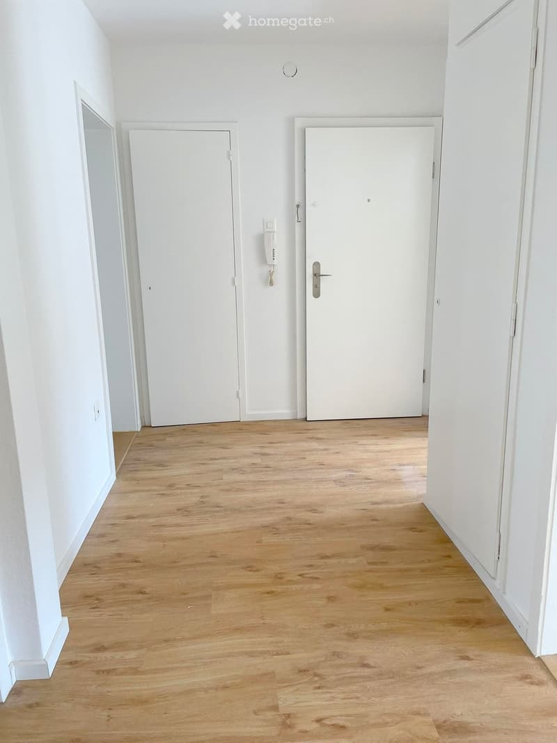 Empty hallway with light wooden flooring, white walls, and two white doors.