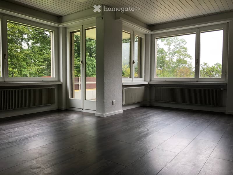 large room, three large windows, sliding doors, wooden floor, heaters