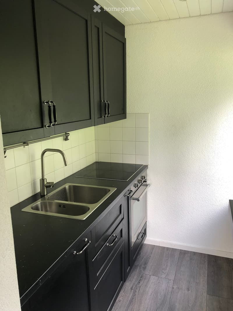 modern style kitchen, black cabinets, stainless steel sink and faucet, black counter, white subway tiles, stove and dishwasher