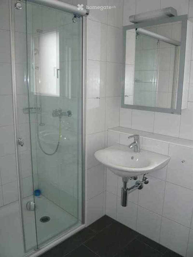 Modern bathroom with white tiles, a glass-enclosed shower, a white sink with a chrome faucet, and a mirror above the sink.