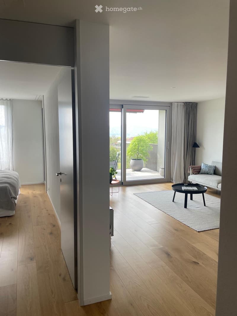 Modern living room with wooden flooring, large sliding glass door leading to a balcony, sofa, coffee table, and a bed visible in the adjacent room.