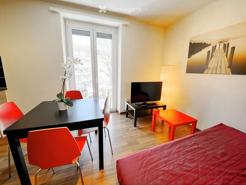 A modern, well-lit room with a bed, a dining table with chairs, a television on a stand, a small red stool, and a flower pot on the table. The room features large windows and a warm, inviting atmosphere.