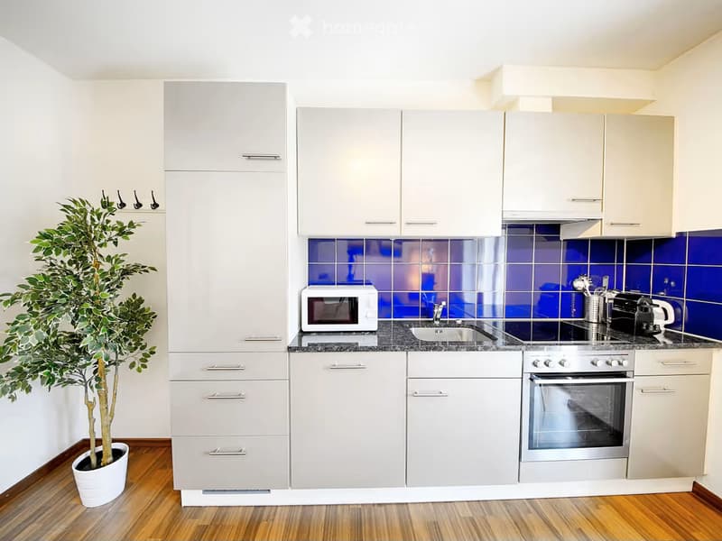 Modern kitchen with white cabinets, stainless steel appliances, and a blue tiled backsplash. Includes a microwave, oven, sink, and a potted plant in the corner.