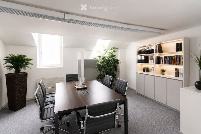 Modern office meeting room with a long wooden table, several black chairs, a bookshelf with books and decorative items, and potted plants near the windows.