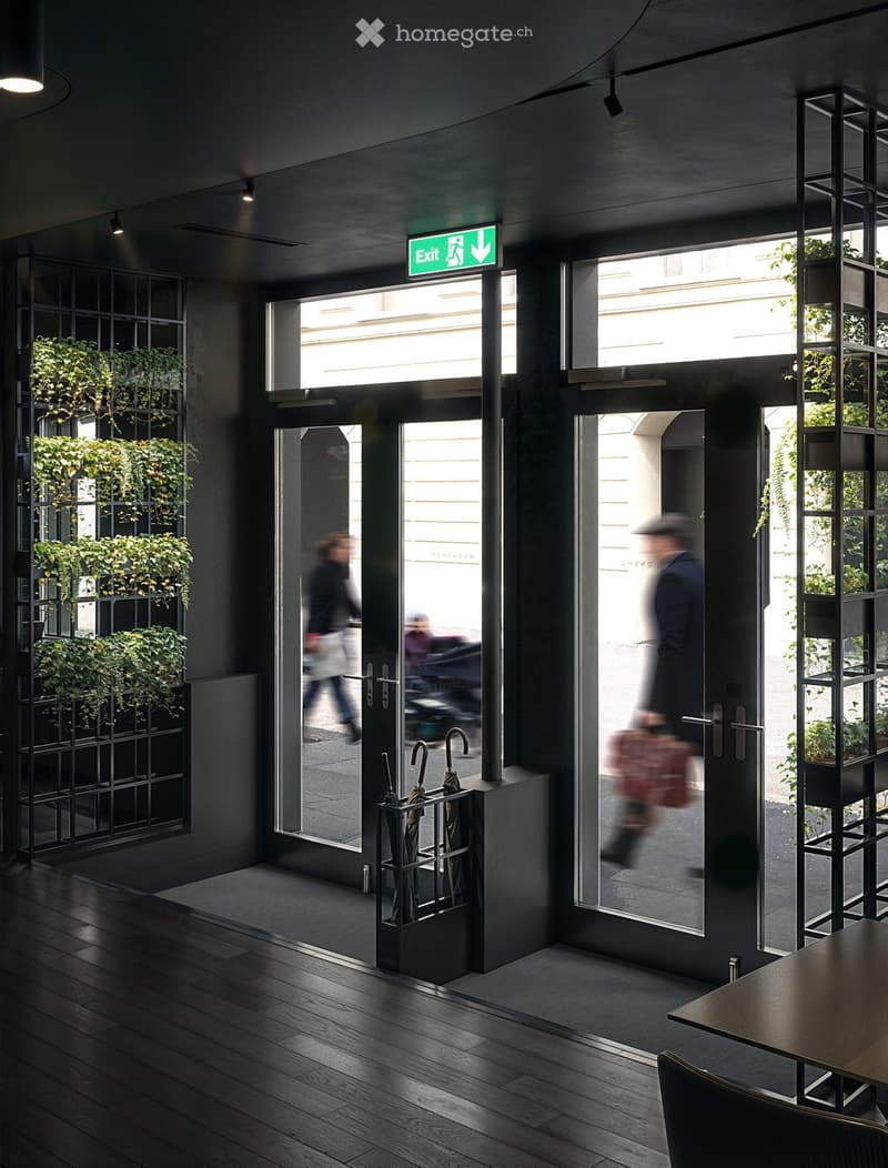 Modern hallway with dark wooden flooring, glass doors leading outside, umbrella stand, and greenery in planters on the walls.