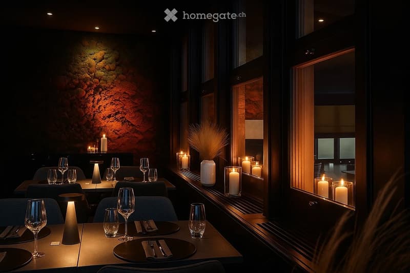 Elegant restaurant interior with tables set for dining, wine glasses, plates, and candles on the tables, along with decorative vases and ambient lighting.