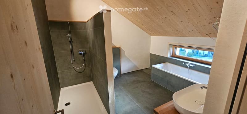 Modern bathroom with a sloped wooden ceiling, grey tiles, a bathtub, a toilet, a sink, and a shower area.