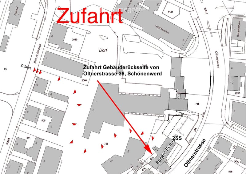 Floor plan showing the access route to the building at Oltherstrasse 36, Schonenwerd, with labeled streets and building numbers.