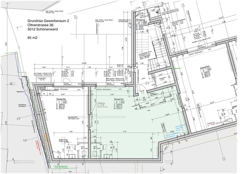Floor plan of a commercial space labeled 'Gewerbebereich 2' at Olternstrasse 36, Schönenwerd, showing layout with multiple rooms, dimensions, and structural details.