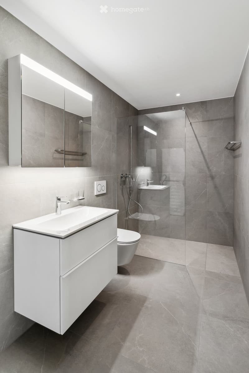 Modern bathroom with grey marble tiles, white sink cabinet, large mirror, and glass-enclosed shower area.