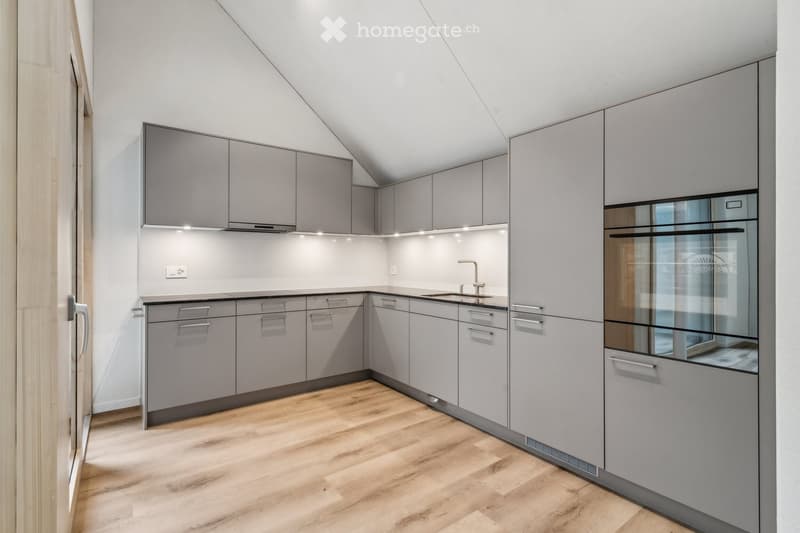 kitchen with wooden floors, gray cabinets, oven, sink, faucet, modern design