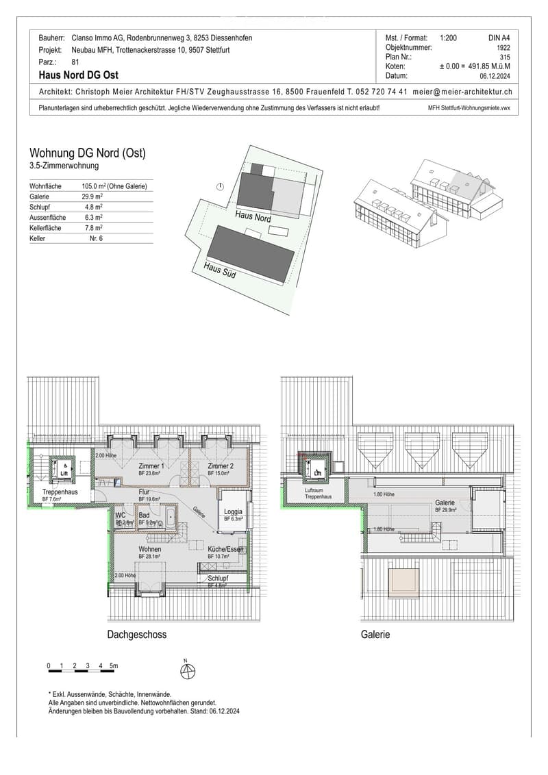 Floor plan of a 3.5-room apartment on the top floor of a multi-family house, including living room, kitchen, two bedrooms, bathroom, gallery, and balcony.