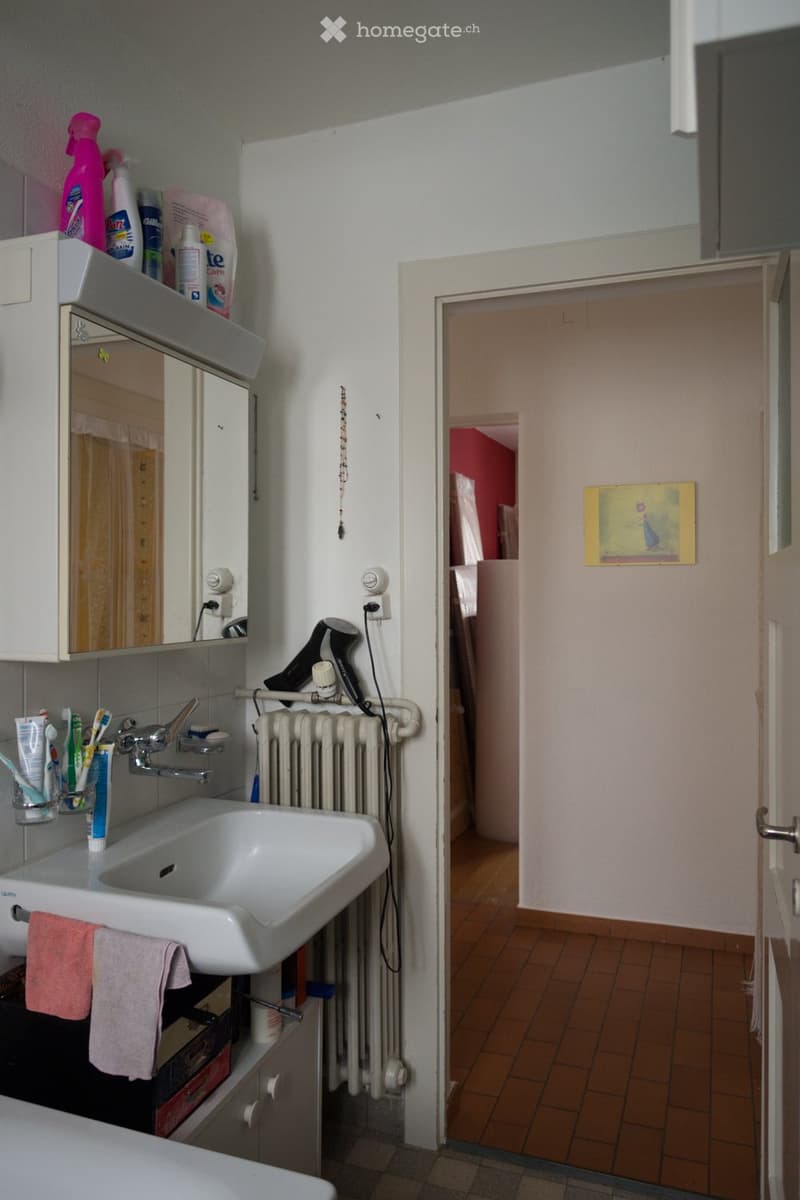Bathroom with a white sink, mirror cabinet, radiator, hair dryer, toothbrush holder, and cleaning supplies on the shelf. A door leads to another room with a painting on the wall.