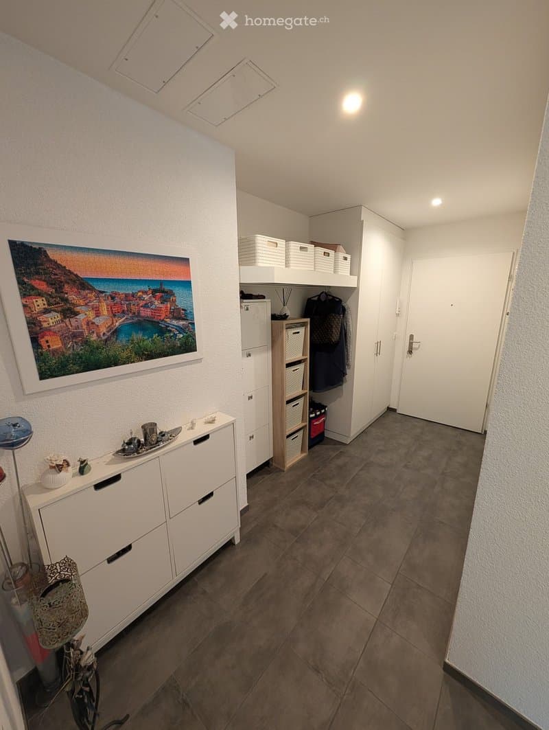 A clean, modern hallway with white walls, tiled floor, built-in storage units, and a framed coastal landscape painting on the wall.