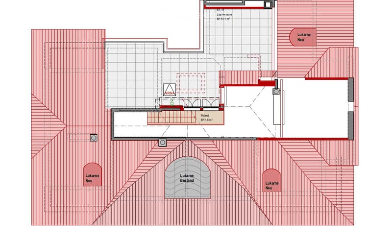 Floor plan showing a multi-level building layout with labeled areas including 'Podest BF 18 m2', 'Dachterrasse', and several 'Lukarne Neu' and 'Lukarne Bestand' sections.