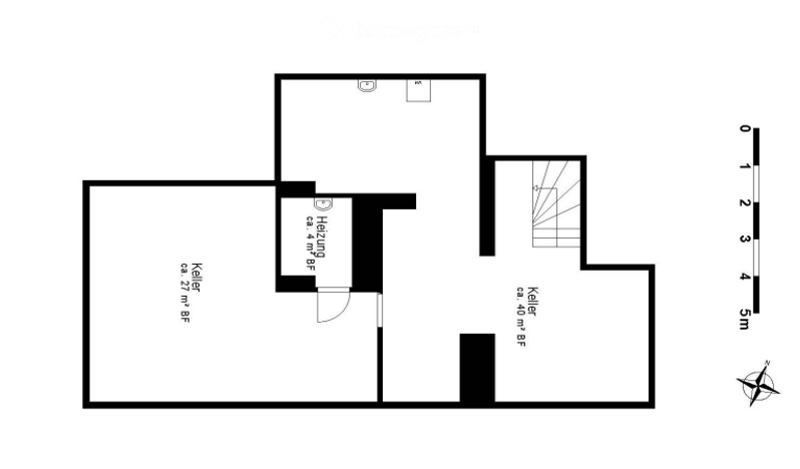 Floor plan of a basement level showing three rooms: a heating room, a storage room, and a larger storage area.
