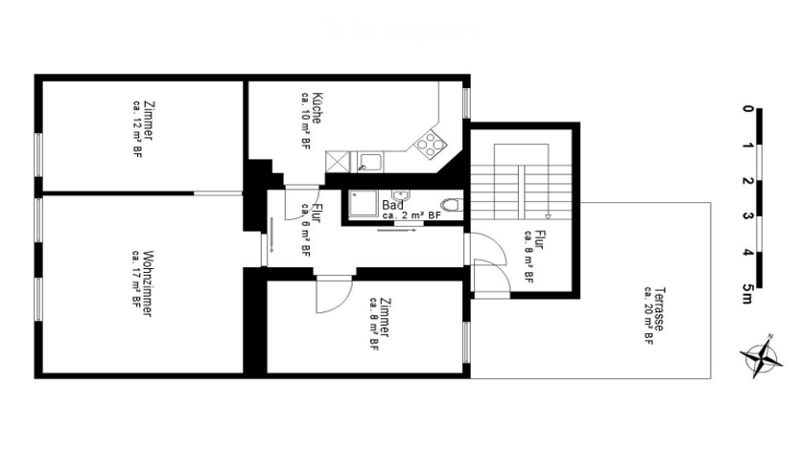 Floor plan of a 2-bedroom apartment with kitchen, bathroom, hallway, and terrace.