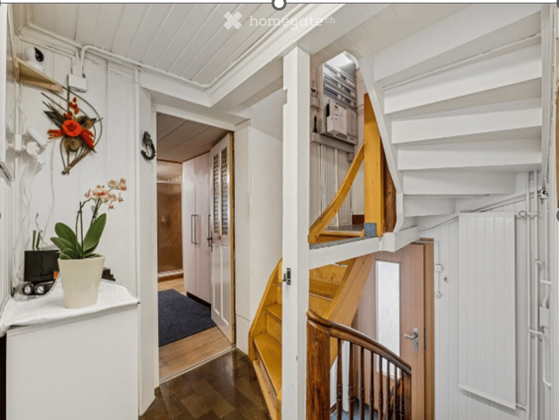 Narrow hallway with wooden flooring, white walls, and a staircase leading upwards. Features a small table with a potted plant and a decorative wall piece.