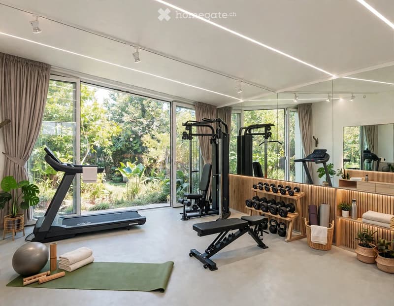 Well-lit fitness room with large windows, treadmill, dumbbell rack, bench, yoga mat, and various fitness equipment.