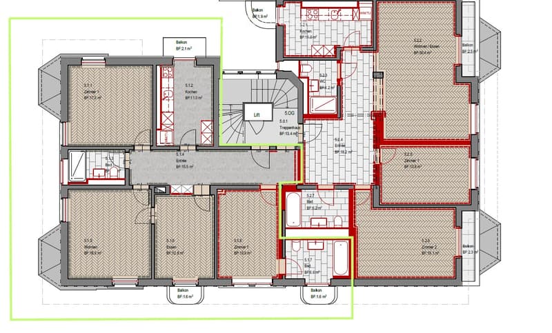Floor plan of a multi-room apartment with labeled rooms including bedrooms, bathrooms, kitchen, living areas, and balconies.