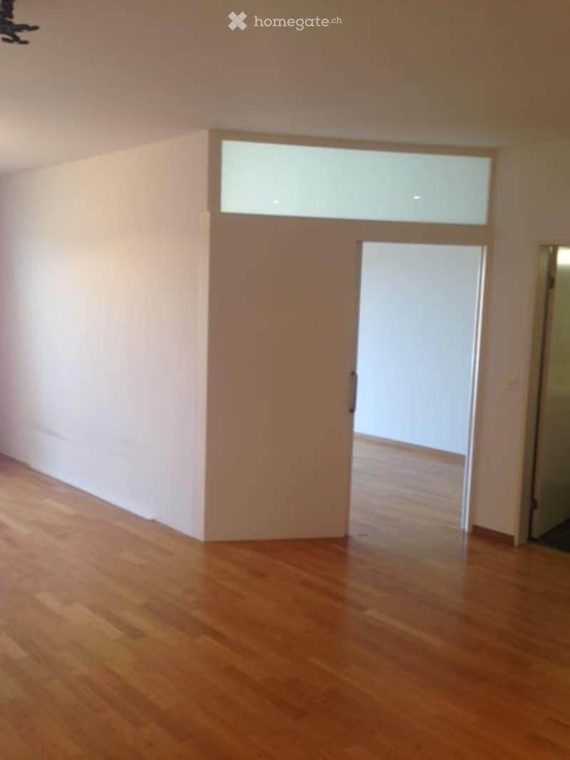 Empty room with white walls, hardwood floors, glass skylight and an open door leading to another room.